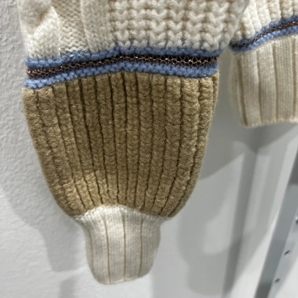 Joie Ivor‎ Colorblock Chunky Cable Knit Wool Sweater Womens XS Cream Old Money